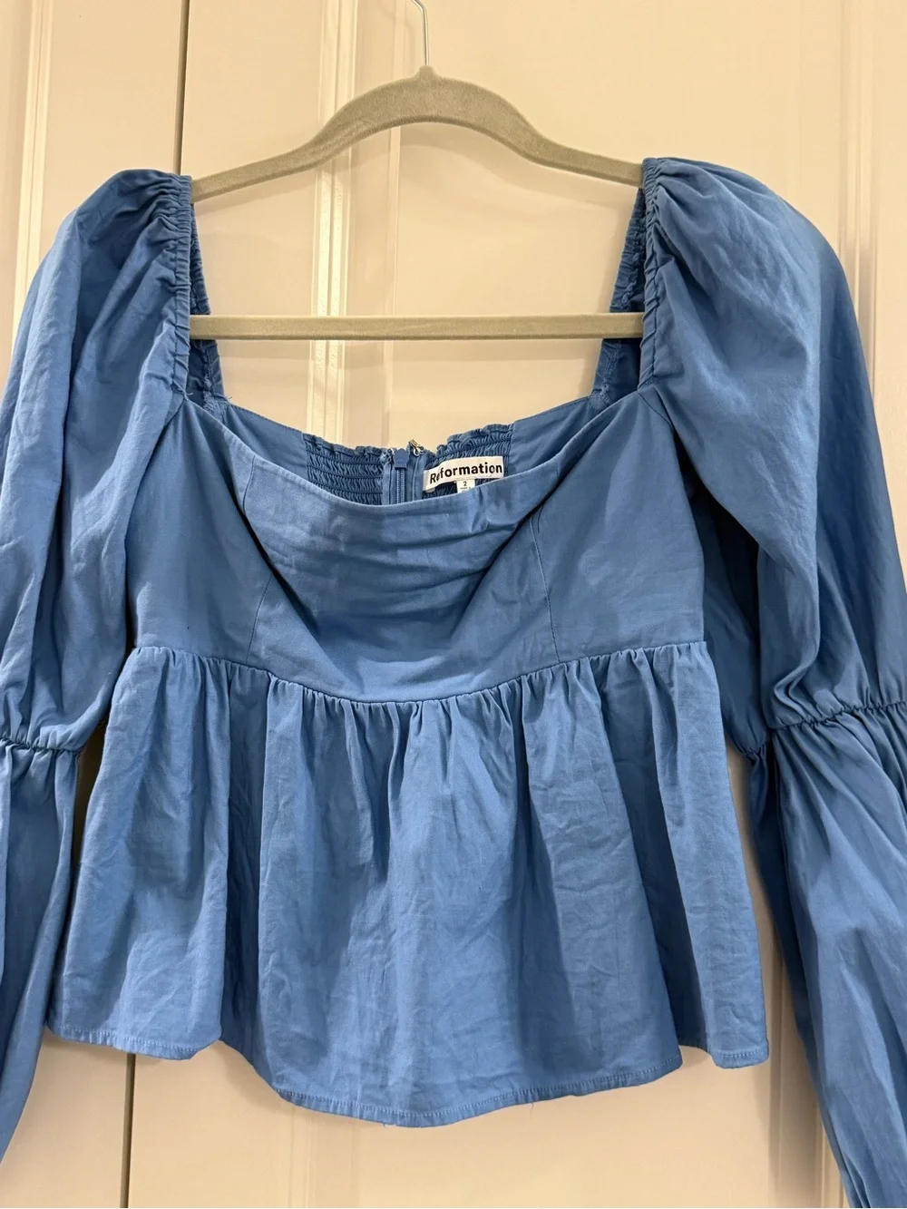 Reformation Jaxley Top Azure Blue Size 2 Puff Sleeve Babydoll Top Organic Cotton